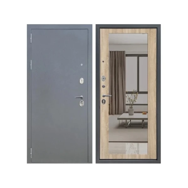 Фото для Дверь входная Аркан 860х2050 Л, зеркало Букле графит Дуб Сонома светлый