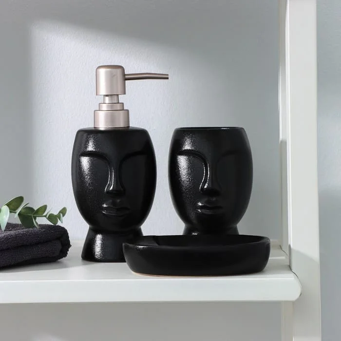 Набор аксессуаров для ванной комнаты SAVANNA «Вуду», 3 предмета (мыльница, дозатор для мыла, стакан), цвет чёрный, 5459649