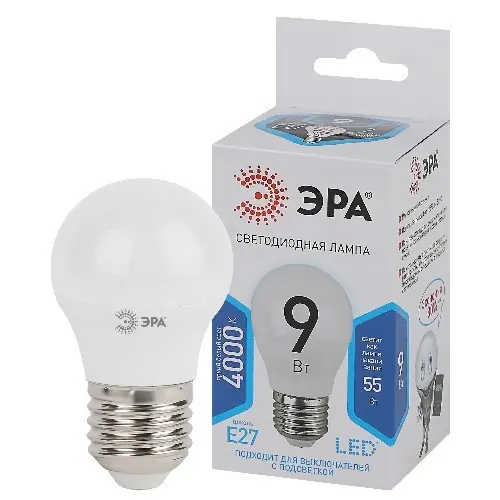 Лампочка светодиодная ЭРА STD LED P45-9W-840-E27 E27 9Вт шар нейтральный белый свет