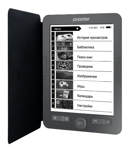 Фото для Электронная книга Digma M1 6" E-ink HD 758x1024 600MHz 128Mb/4Gb/SD/microSDHC темно-серый (в компл.екте с обложкой M1G)