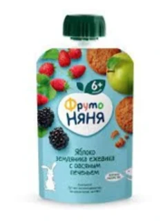 Фото для Пюре ФрутоНяня 90гр яблоко/земляника/ежевика с овсян с печеньем*12