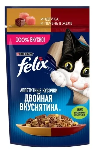 Felix в/к д/кошек ,Двойная вкуснятина, с индейкой и печенью в желе,75 гр