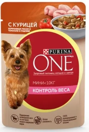 Purina ONE MINI м/п д/собак, контроль веса, с курицей, корич рис и томат в подливе 85 гр
