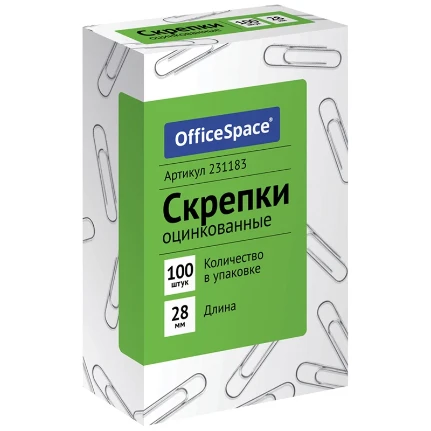 Фото для Скрепки канцелярские 28мм OfficeSpace 100шт оцинкованные