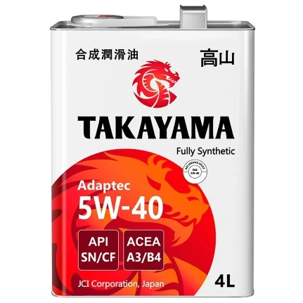 Фото для Масло моторное Takayama Adaptec 5w40, синтетическое, API SN/CF, ACEA A3/B4, JASO MA-2, универсальное, 4л, арт. 605587