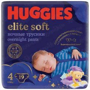 Трусики-подгузники ночные HUGGIES elite soft 4 9-14кг 19шт