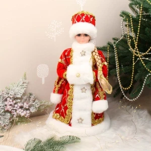 Фото для Фигурка декоративная Снегурочка в бархатном красном наряде с золотистыми лентами текстиль 40см