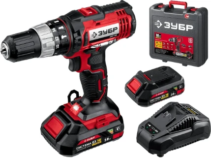 Фото для ЗУБР С1-18, 18 В, 40 Н·м, 2 АКБ (2 А·ч), ударная дрель-шуруповерт, кейс (ДШУ-185-22)