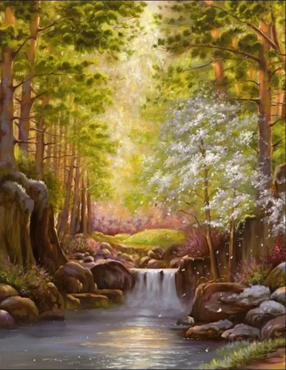 Фреска STEINBAU AMUR "Природный пейзаж с водопадом и цветущей вишней"