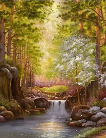 Фреска STEINBAU AMUR "Природный пейзаж с водопадом и цветущей вишней"