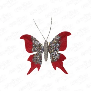 Украшение елочное бабочка красная велюровая с бисером и кристаллами 16,5см