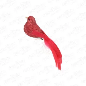 Фото для Украшение елочное птица красная с хвостом из перьев 20см