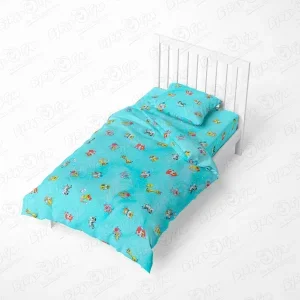 Фото для Комплект постельного белья МАЛЫШИ зоопарк бязь ясельный голубой 3предмета
