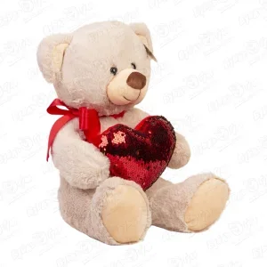 Фото для Игрушка мягкая медведь бежевый с красным сердцем и пайетками 43см
